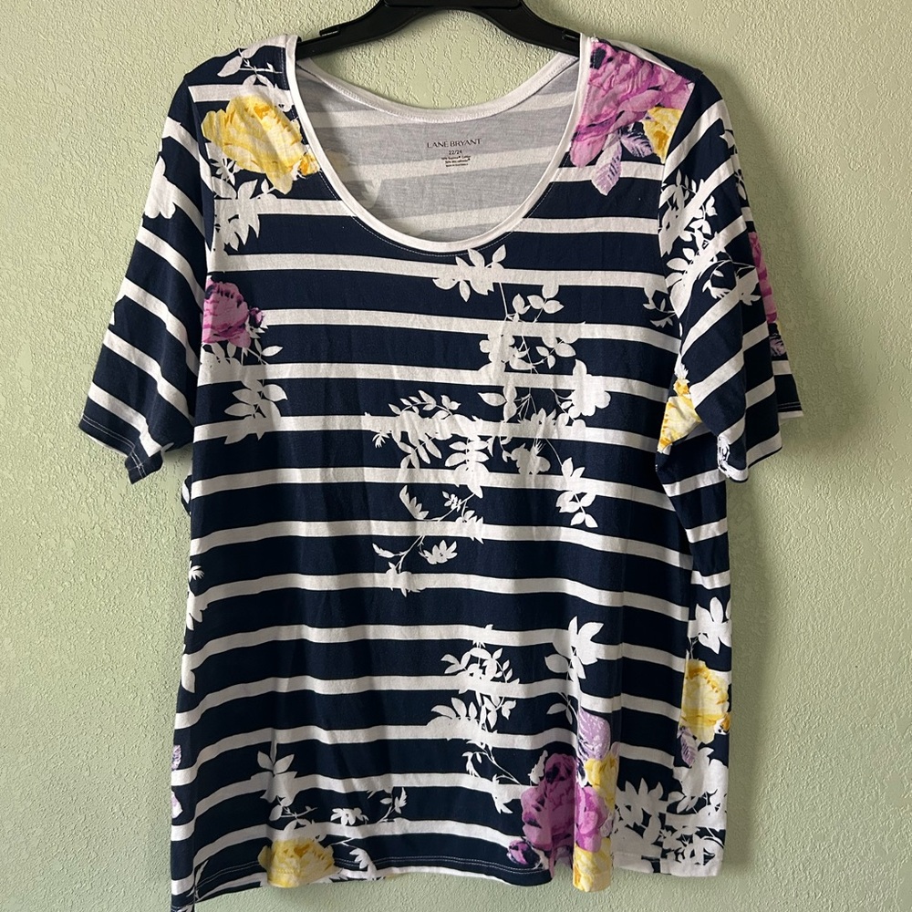 Lane Bryant Navy Striped Floral Tee